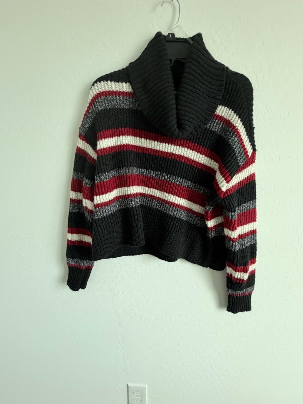 by & by Black, Red, Gray & White Striped Cowl Neck Sweater